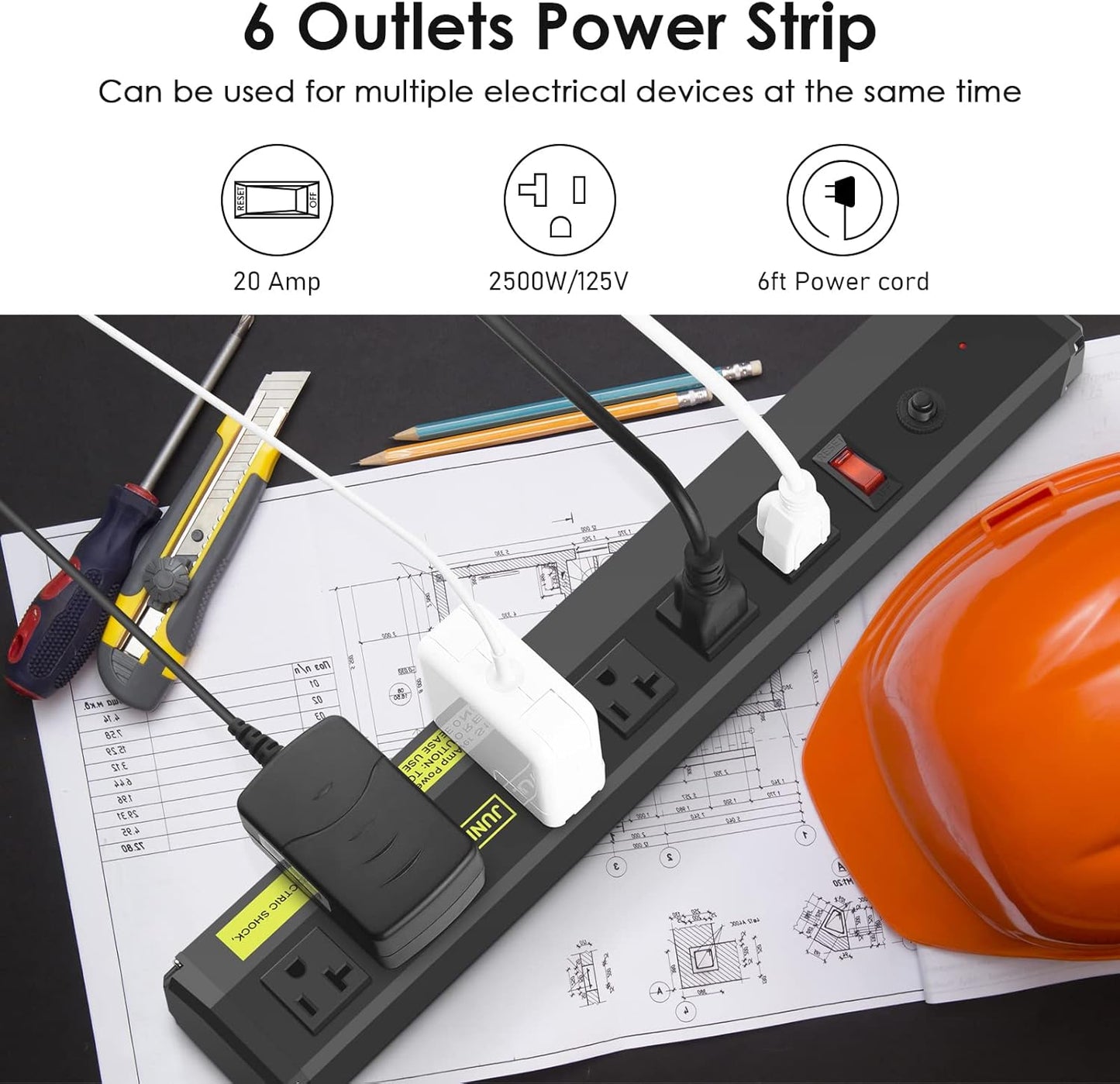 JUNNUJ Heavy Duty Metal Power Strip 20 Amp, High Amp Surge Protector 6 Outlet, 20A Power Strips Workshop Industrial Outlets Wide Spaced 6-20R T-Slot with Circuit Breaker, 12 Gauge Extension Cord 10ft