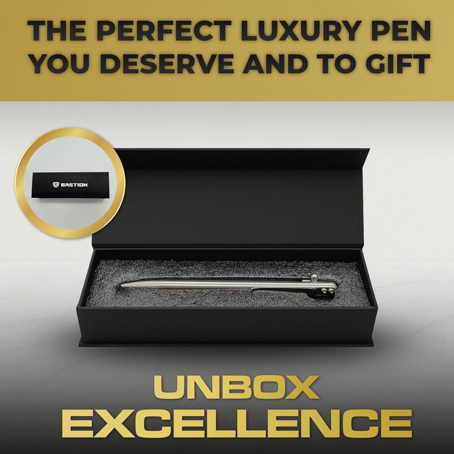 BASTION® Luxury Slim Bolt Action Pen, Durable EDC Pen with Fine Tip, Professional Ballpoint Pen for School and Work - Stainless