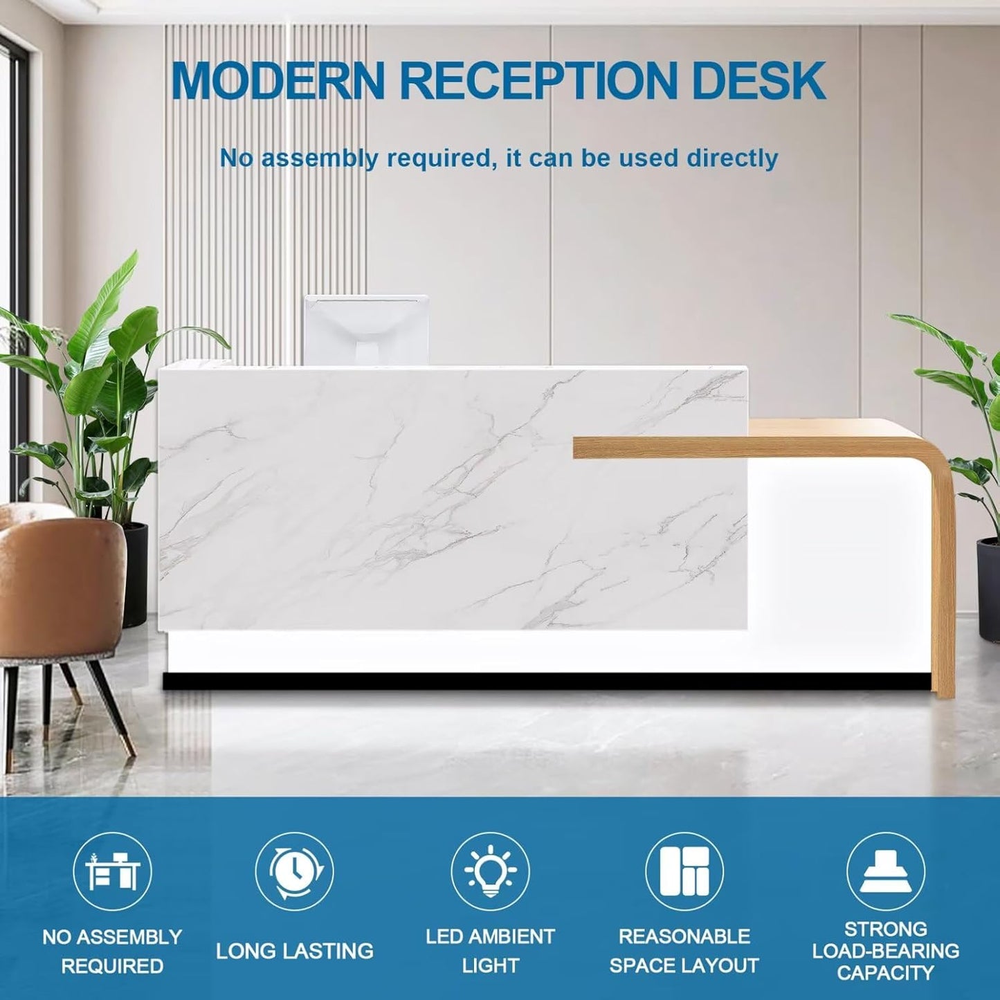 Reception Desk with Counter Modern Front Office Desk Large Reception Room Tables Checkout Counter Reception Table for Retail Lobby Beauty Salons White 87inch/220cm