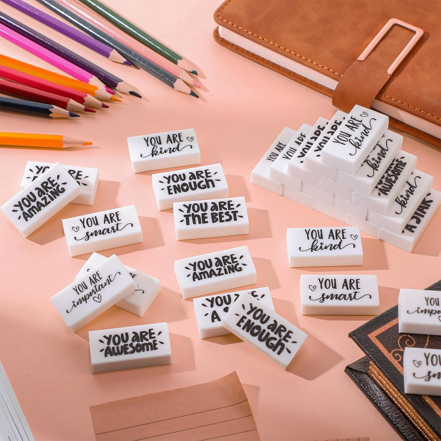 PerKoop 100 Pcs Back to School Inspirational Small Pencil Erasers Bulk for Kids, White Cute Fun Motivational Erasers Gifts for Teachers Students Classroom Reward First Day of School Supplies