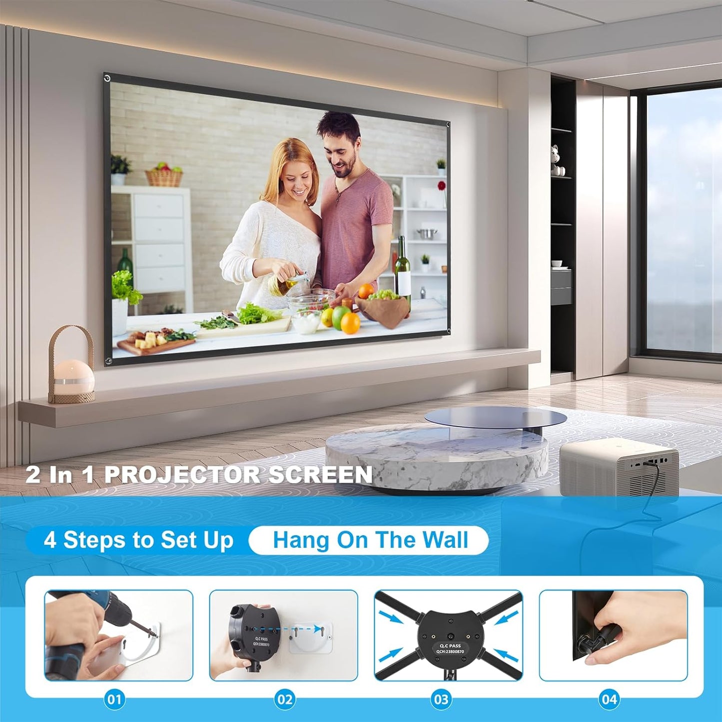 Projector Screen and Stand, Portable Projector Screen, 120 Inch 16:9, Outdoor Projection Screen, 1.2 Gain, 160 Degree View Angle, 2 Mounting Modes, Fast Setup, Idea for Home Cinema, Backyard Party.