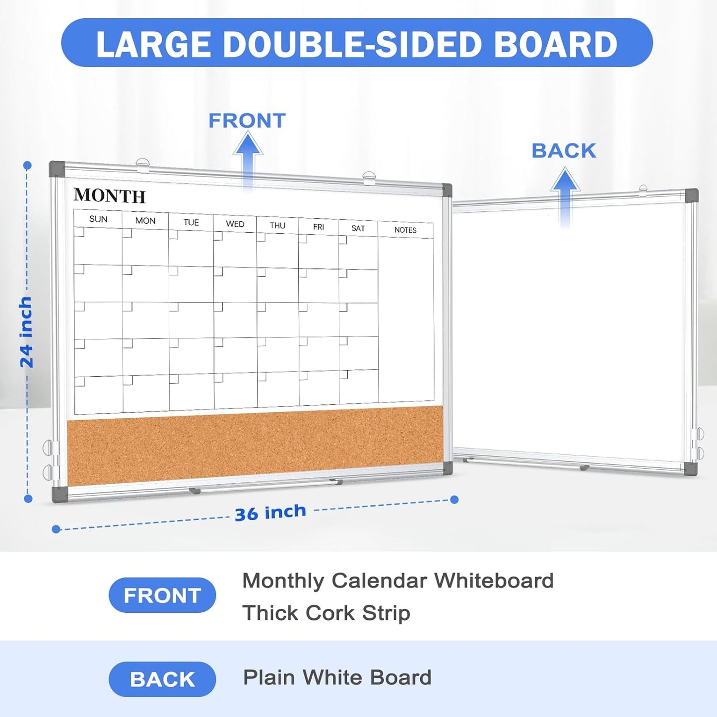 Monthly Calendar Whiteboard Dry Erase Cork Board Combo for Wall, 36" x 24" Magnetic Double-Sided Calendar White Board and Bulletin Board, Portable Board for Office, Kitchen, School, Home