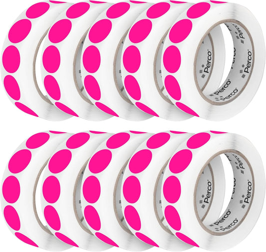 Perco Fluorescent Pink 1-Inch Perforated Circle Dot Sticker Labels — 10 Rolls, 10,000 Round Stickers — with Permanent Adhesive for Inventory Management, Color Coding, Garage Sales, Crafts—Made in USA