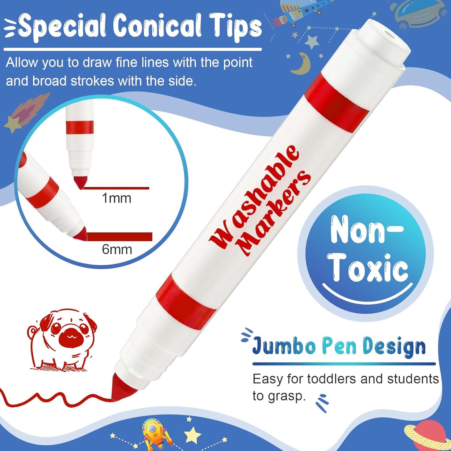 Janlaugh 60 Pcs Red Washable Markers Bulk Coloring Broad Line Markers for Kids Conical Tip Red Drawing Pens for Classroom Back to School Travel Art Baby Shower Gender Reveal Supplies, Ages 6+