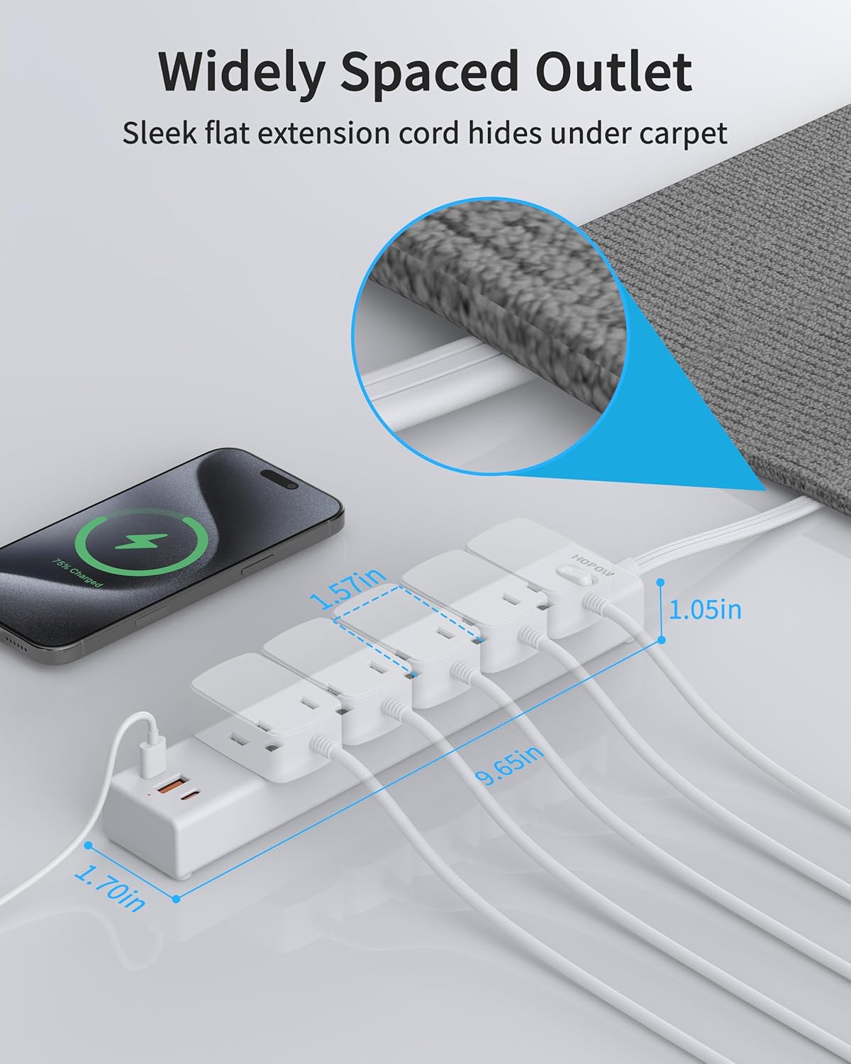2 Pack Power Strip Surge Protector, 10 Ft Ultra Thin Flat Plug Extension Cord, Surge Protector with 5 Outlets & 3 USB Ports (2 USB C), 1700 Joules, 3-Prong, Wall Mount for Home Office Dorm, White