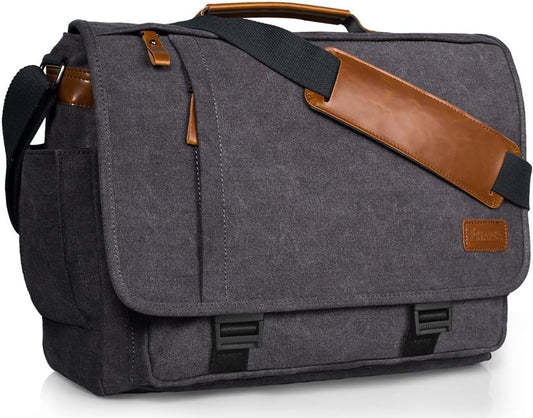 ESTARER Men Messenger Bag 17-17.3 Inch Laptop Bag Water-resistant Canvas Computer Shoulder Bag Briefcase for Work College Travel, Grey
