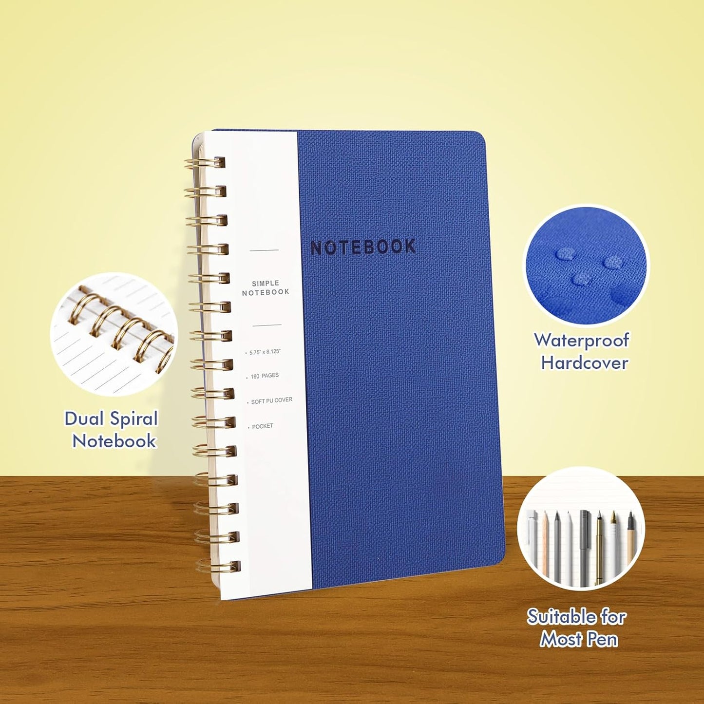 Lined Spiral Notebook College Ruled A5 Journal Book for Note Taking, 160 Pages Writing Journal for Office and Home School Supplies 5.75x8.125 inch (6pack-3Black/3NavyBlue)