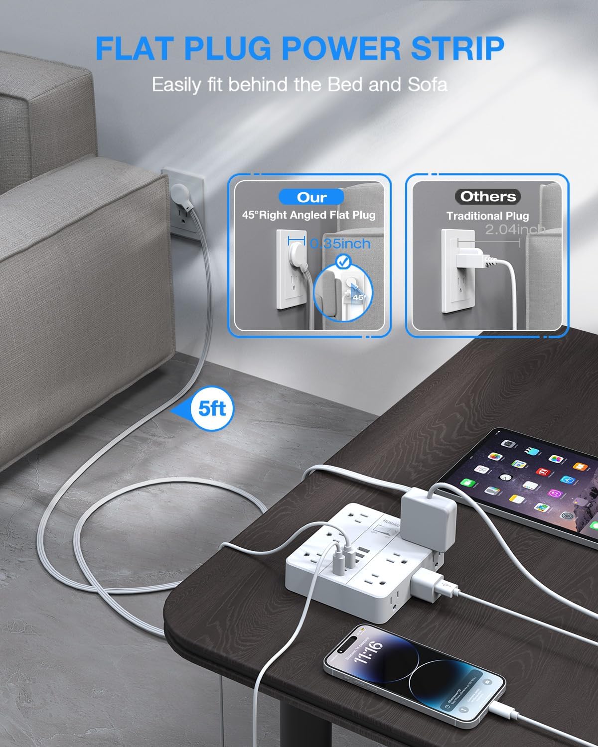 Extension Cord 25 Ft, HUNIAN Flat Plug Power Strip Surge Protector, 12 Widely Spaced Outlets with 6 USB Charger (2 USB C Ports), Desk Charging Station for Home Office Supplies, Dorm Room, White