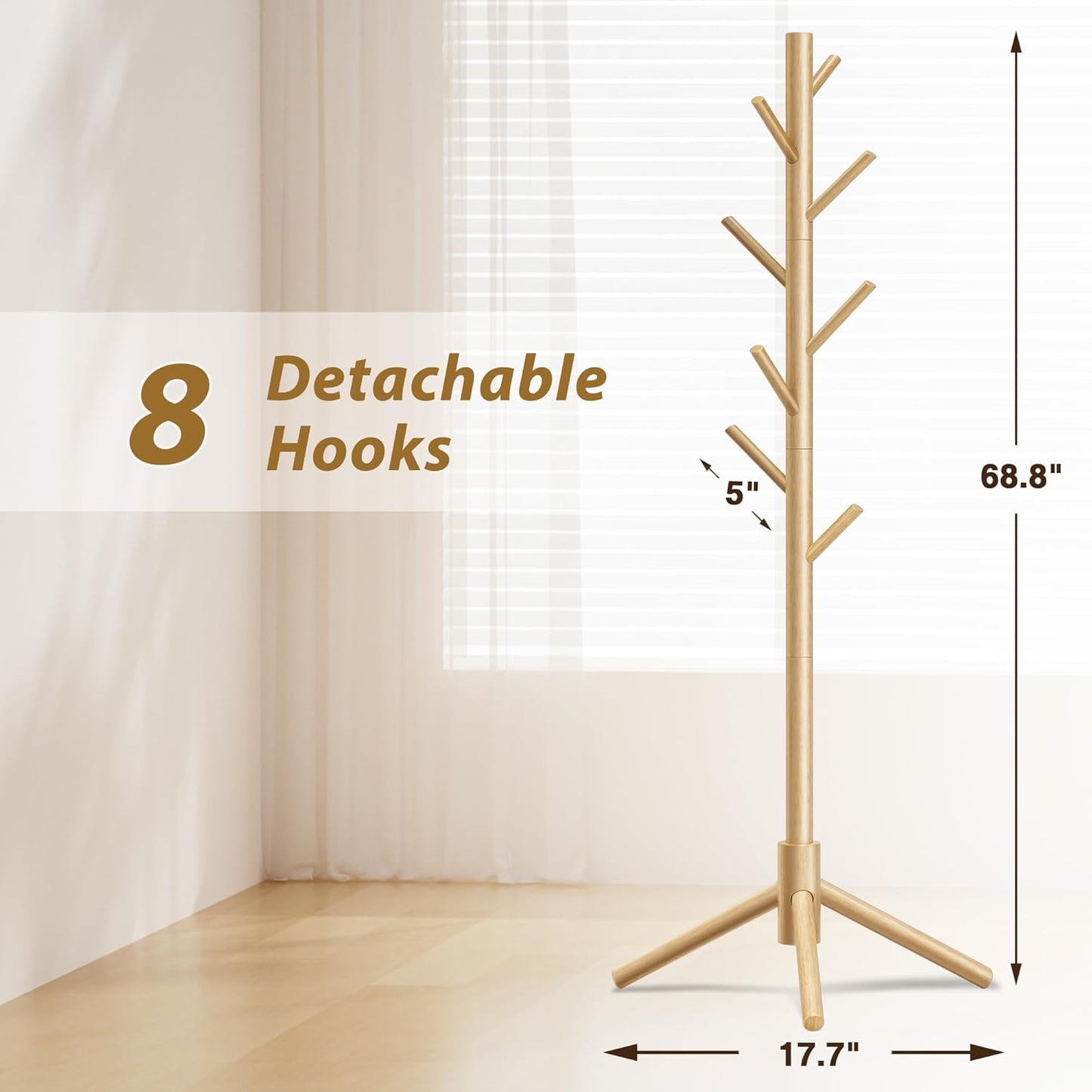 Wooden Coat Rack, Free Standing Coat Rack with 8 Hooks 3 Adjustable Heights for Clothes, Hats, Handbags, Coat Tree Easy Assembly for Entryway, Bedroom, Hallway, Office(2PCS)