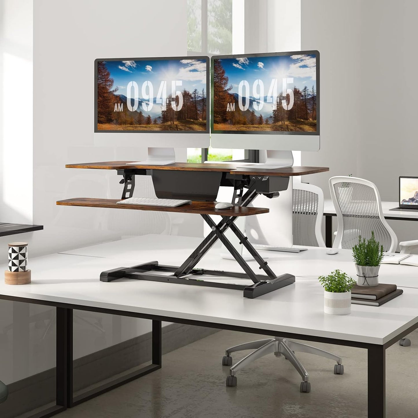 FLEXISPOT Electric Standing Desk Converter 42" Height Adjustable Desk 55 LBS Weight Capacity Motorized Stand up Desk Riser for Office Home,Rustic Color