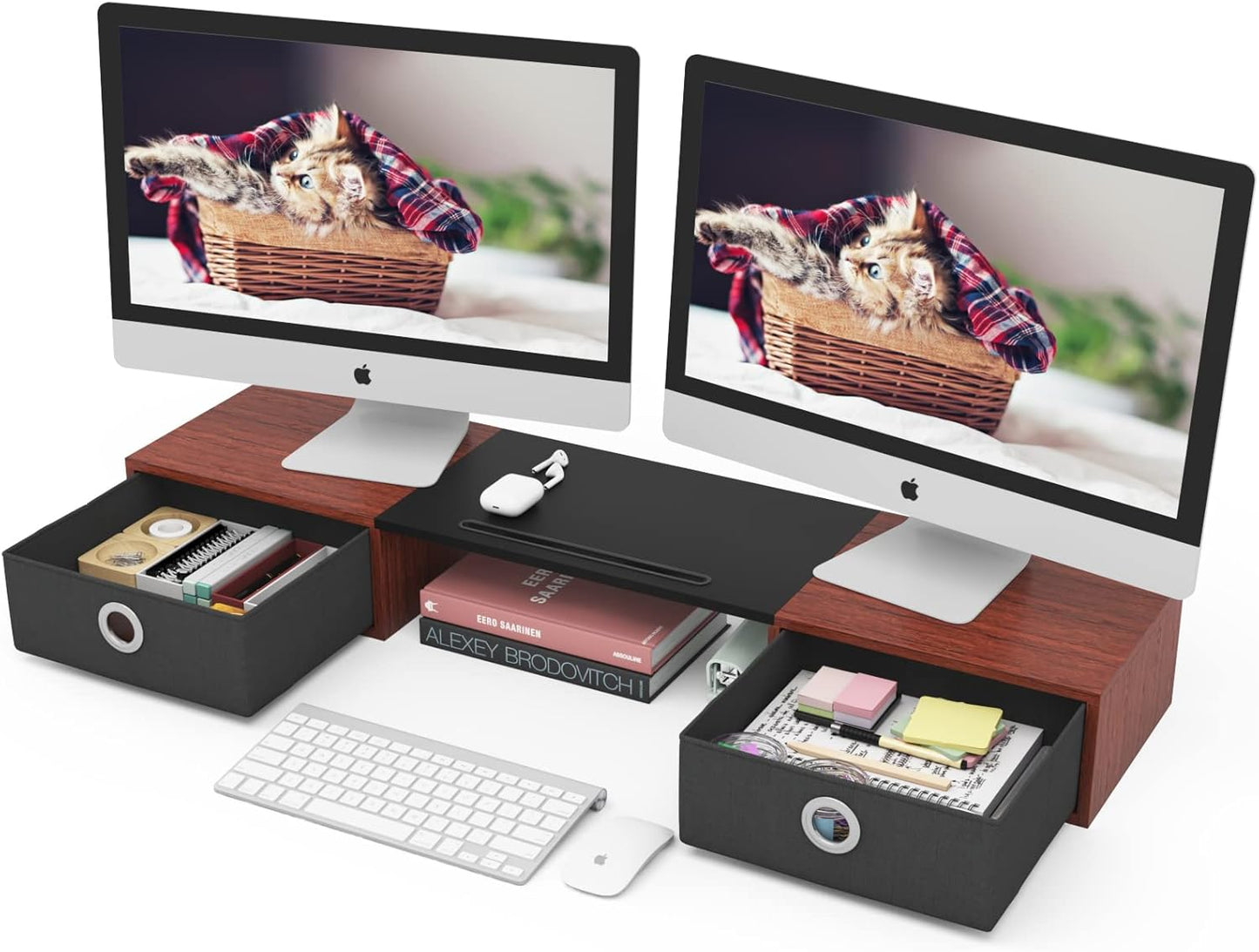 WESTREE Dual Monitor Stand Riser with Two Drawers, Extra Large Storage Monitor Stand for 2 Monitors, Desktop Oraganizer Stand for Computer,Laptop,Screen,Printer,TV