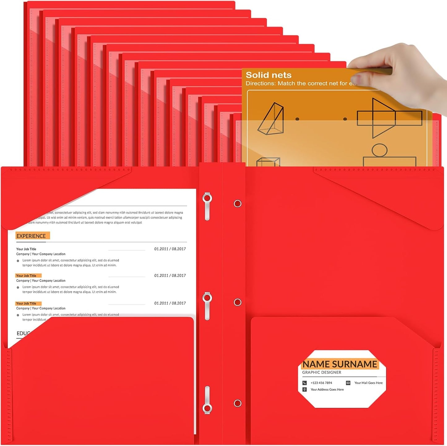 Henoyso 36 Pcs Plastic Folder with Clear Front Pocket and 3 Prong Plastic Folders with Card Slot Pocket and Prongs for School Office