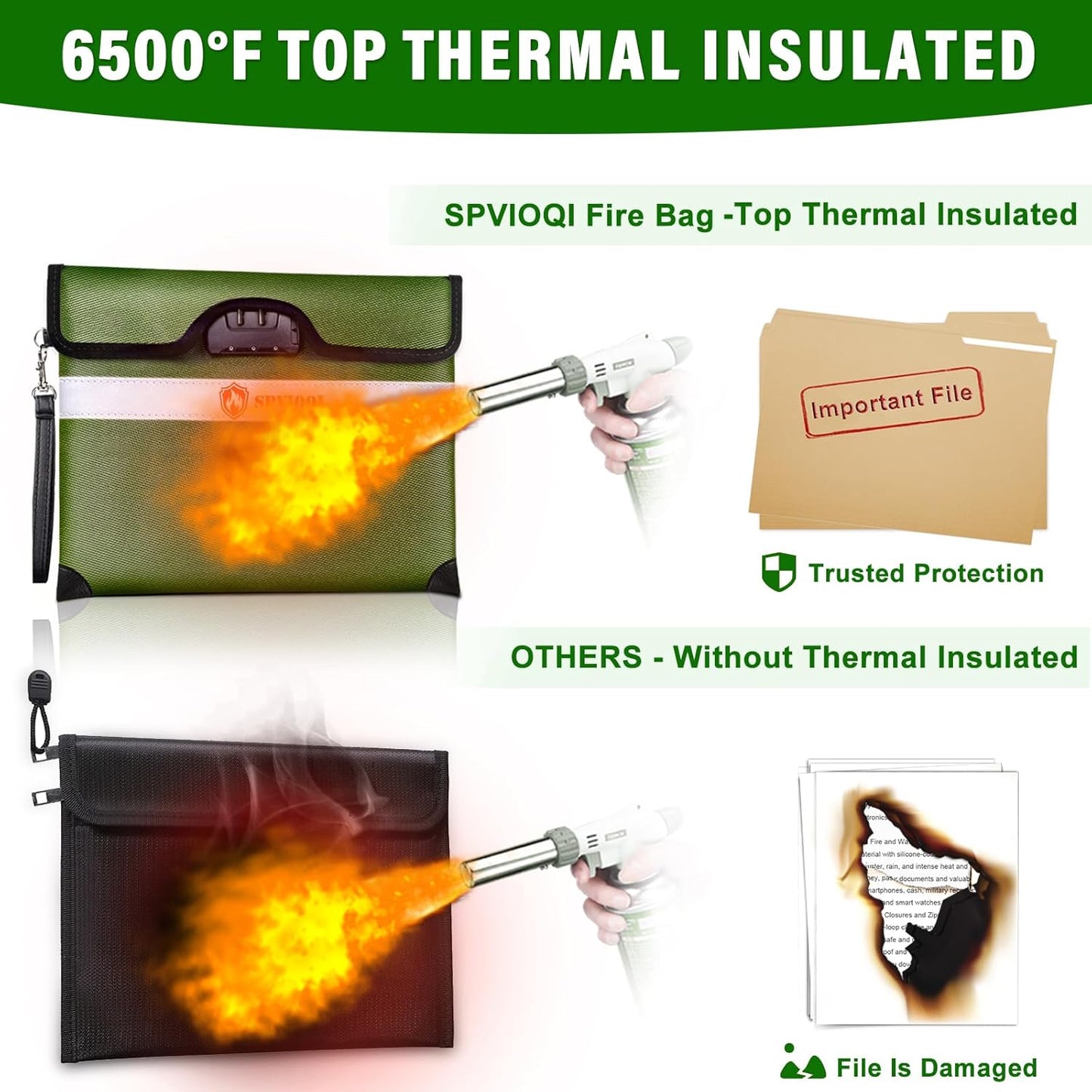 Upgraded 6500°F Fireproof Document Bag with Lock, Fireproof Money Bag for Cash w. Zipper/Reflective Strip, 10Layers of Heat Insulated Materials, Water Resistant Fireproof Bag for Documents, Fire Bag