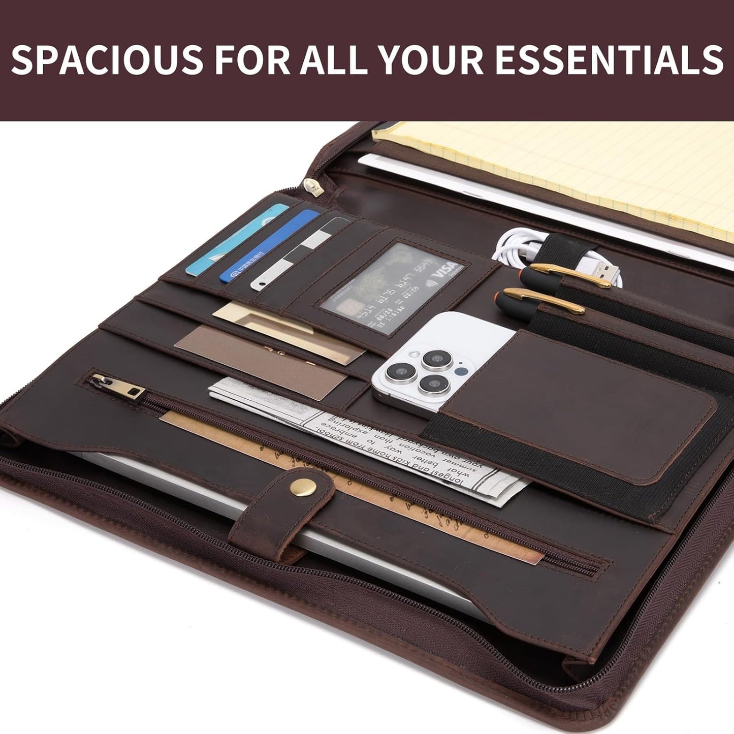 Personalized Genuine Leather Portfolio for Women and Men, Custom Engraved 8.5 x 11 Legal Padfolio, Zippered Notebook Laptop Organizer, Business Executive Folio for Work, Dark Brown