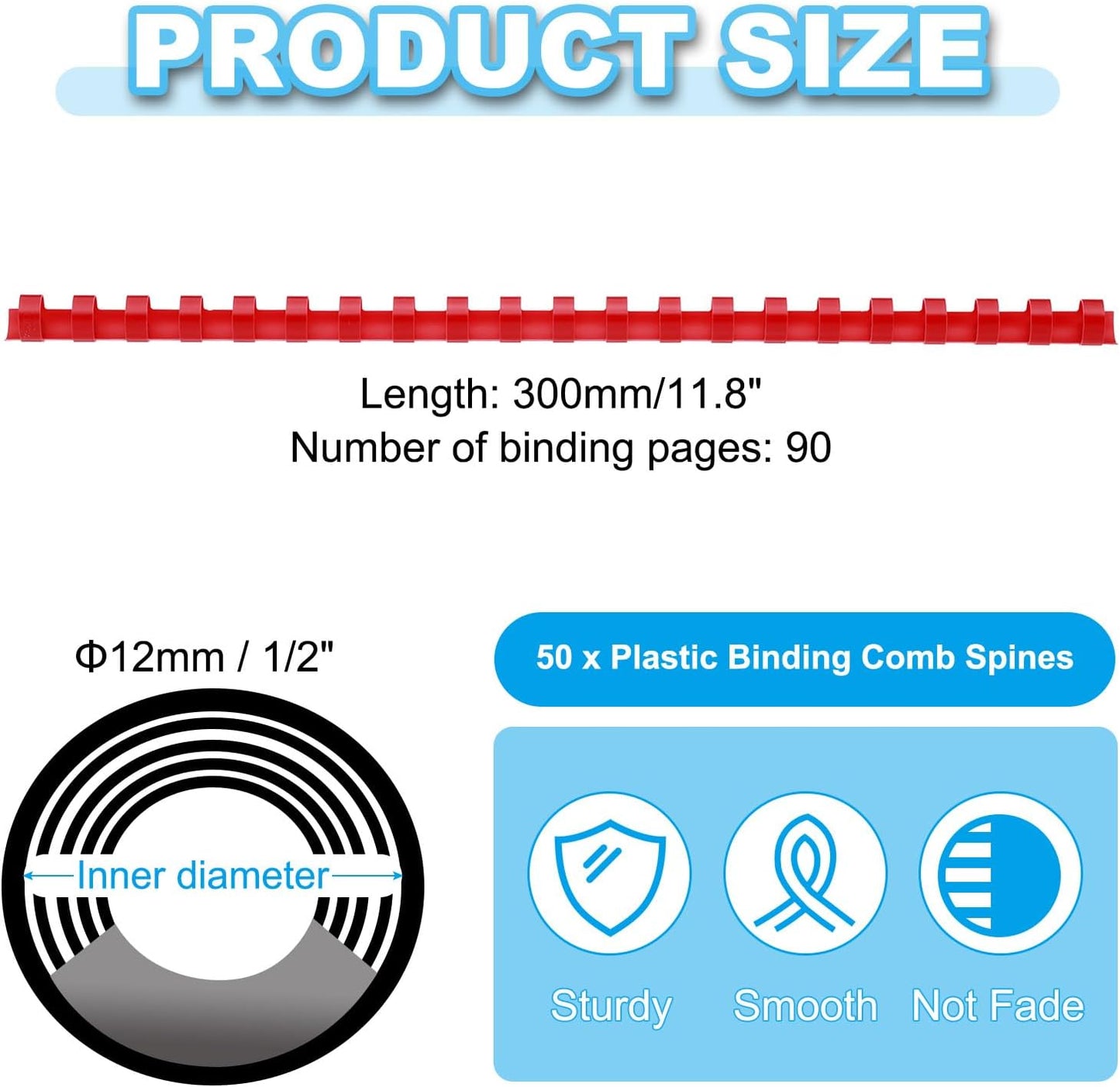 PATIKIL 12mm (1/2") Plastic Binding Combs, 50 Pcs 21 Rings Comb Binding Spines 90 Sheet Capacity Letter Size for Binding Paper Sheets, Red