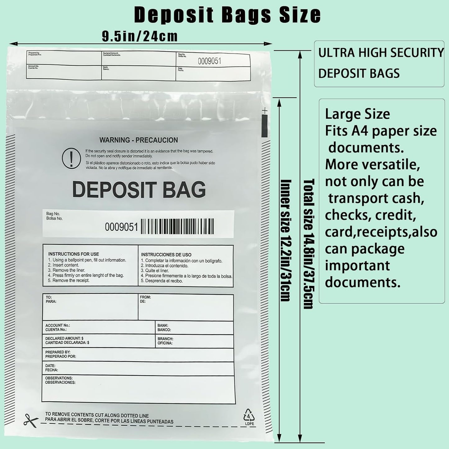 Plastic Deposit Bags 100-Pack Clear 9.5''x 15'', Security Bank Deposits Cash register Money bag for Cash,Bank Pocket,Tamper-Evident,Unique Barcode