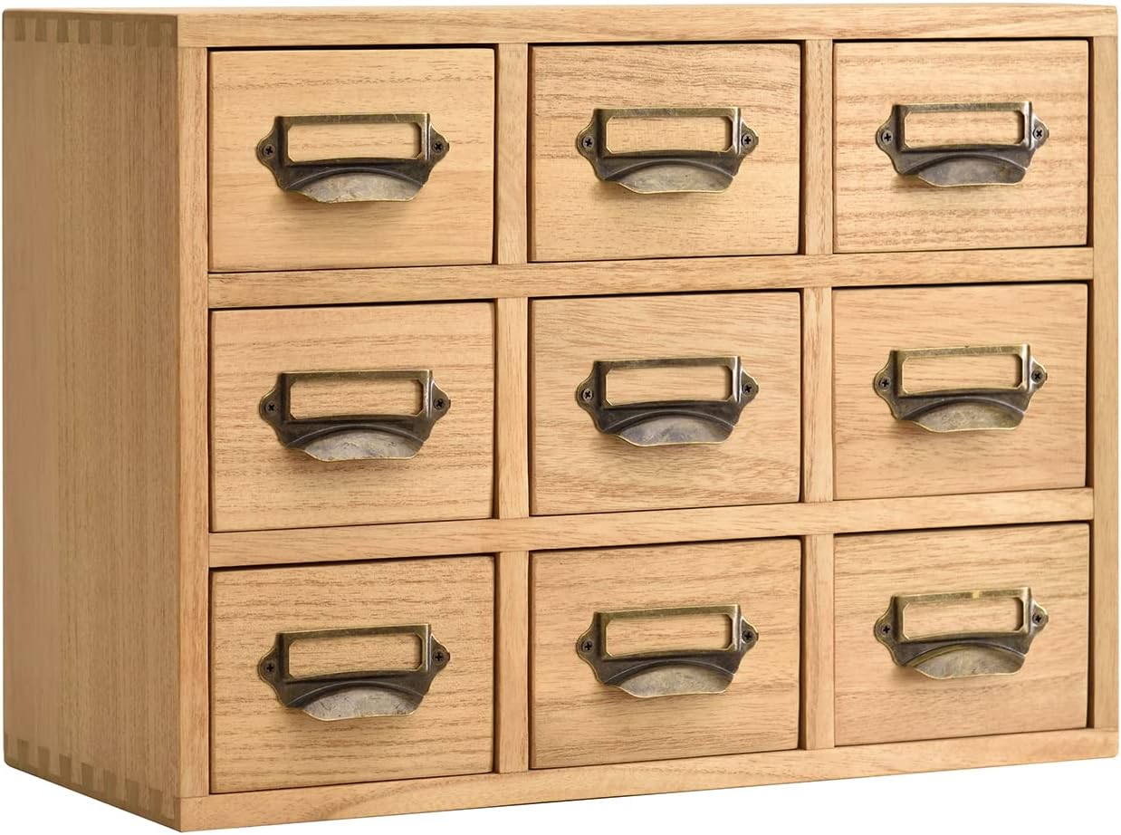 KIRIGEN Wood Drawer Organizer Desktop Storage Cabinet Box Drawers for Home Office Desk Organization and Storage 9 Drawer Mini Chest with Metal Handles Natural (9CG-NA)