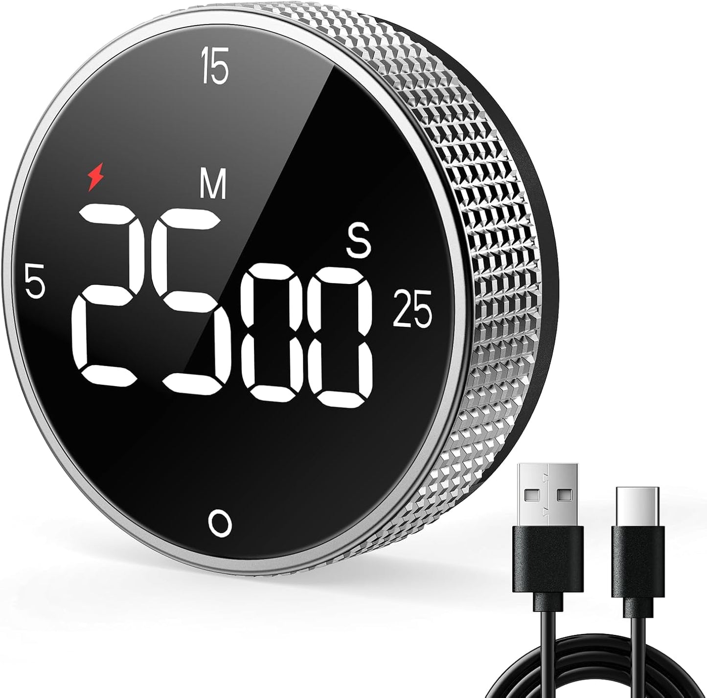 Rechargeable Magnetic Kitchen Timer for Cooking, Building 800mAh Battery Large Display Digital Countdown Countup Timer, 3 Preset 5/15/25 Mins Loud Alarm for Baking Grilling Studying - Silver