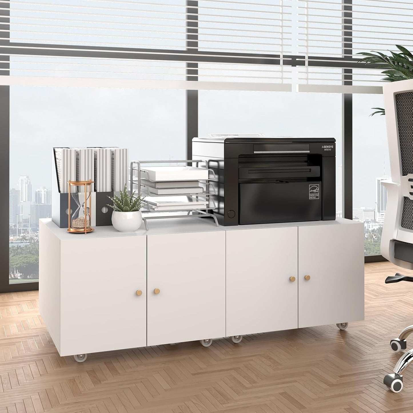 Under Desk Printer Stand with Wheels, Low Printer Stand Storage, Filing Cabinet with Paper Storage Shelf, File Carts with 2 Doors, Mobile Printer Holder for Home Office, School, White