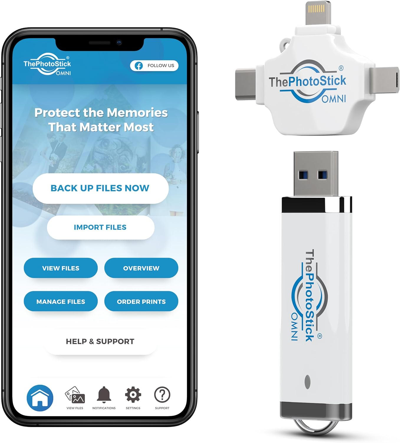 ThePhotoStick® Omni 64GB + Protective Case | Secure Photo & Video Backup and Transfer | Digital File Organization | USB & Multiport Connection for Phones, Tablets and Computers | Water Resistant Case