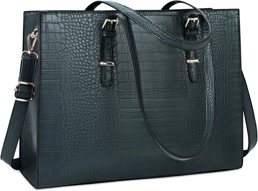 Laptop Bag for Women 15.6 Inch Laptop Tote Bag Leather Classy Computer Briefcase for Work Waterproof Handbag Professional Shoulder Bag Women Business Office Bag Large Capacity Dark Green