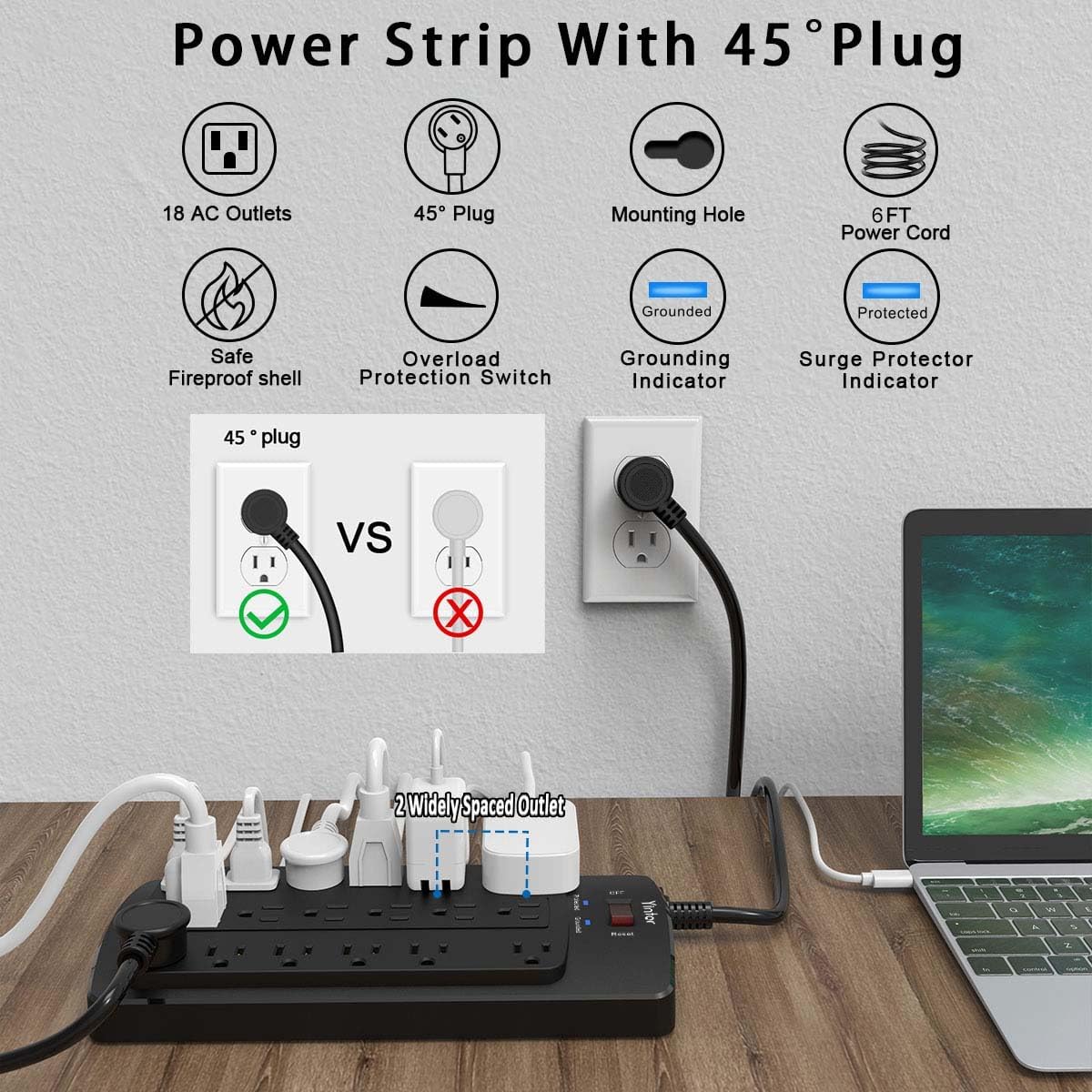 6FT Yintar Surge Protector Power Strip - Flat Plug Extension Cord with 18 AC Outlets for Home, Office, Dorm Essentials, 2100 Joules, ETL, Black