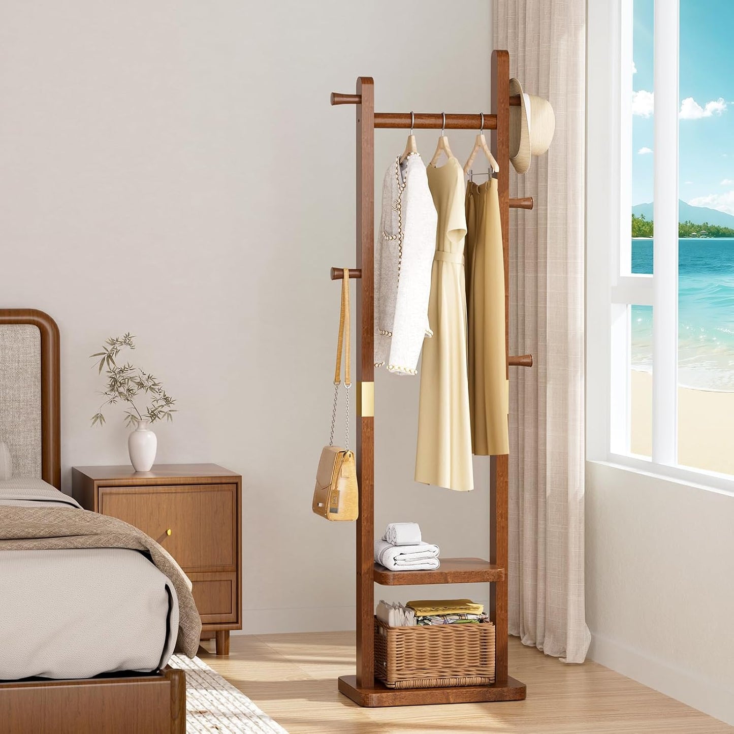 Solid Wood Coat Rack, Coat Rack Freestanding with 2 Shelves and 5 Hooks, Heavy Duty Coat Tree for Entryway，Living room，Coat Hanger Stand for Hats, Bags (Walnut Brown)