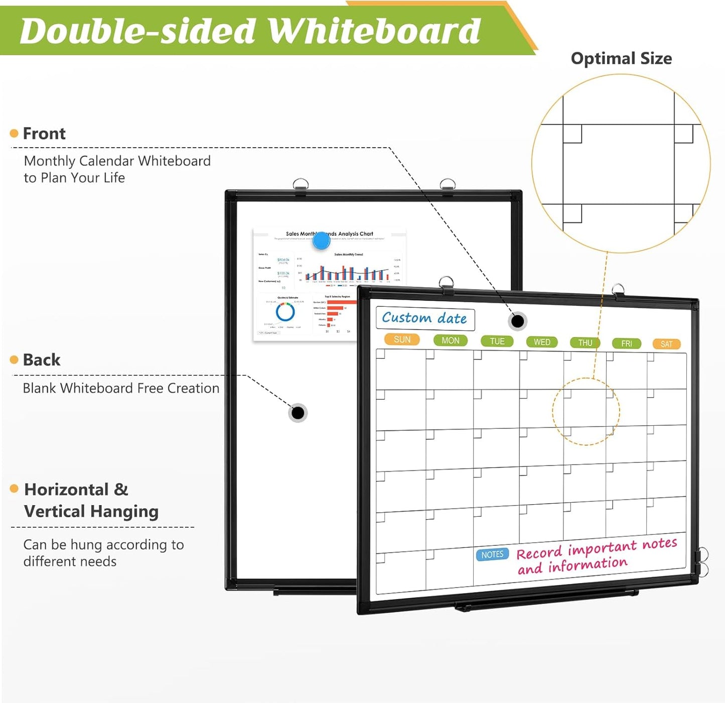 Dry Erase Calendar Whiteboard for Wall, 24" x 18" Magnetic Monthly White Board Calendar with Black Aluminum Frame, Double-Sided Hanging Dry Erase Board for Office, Home, School