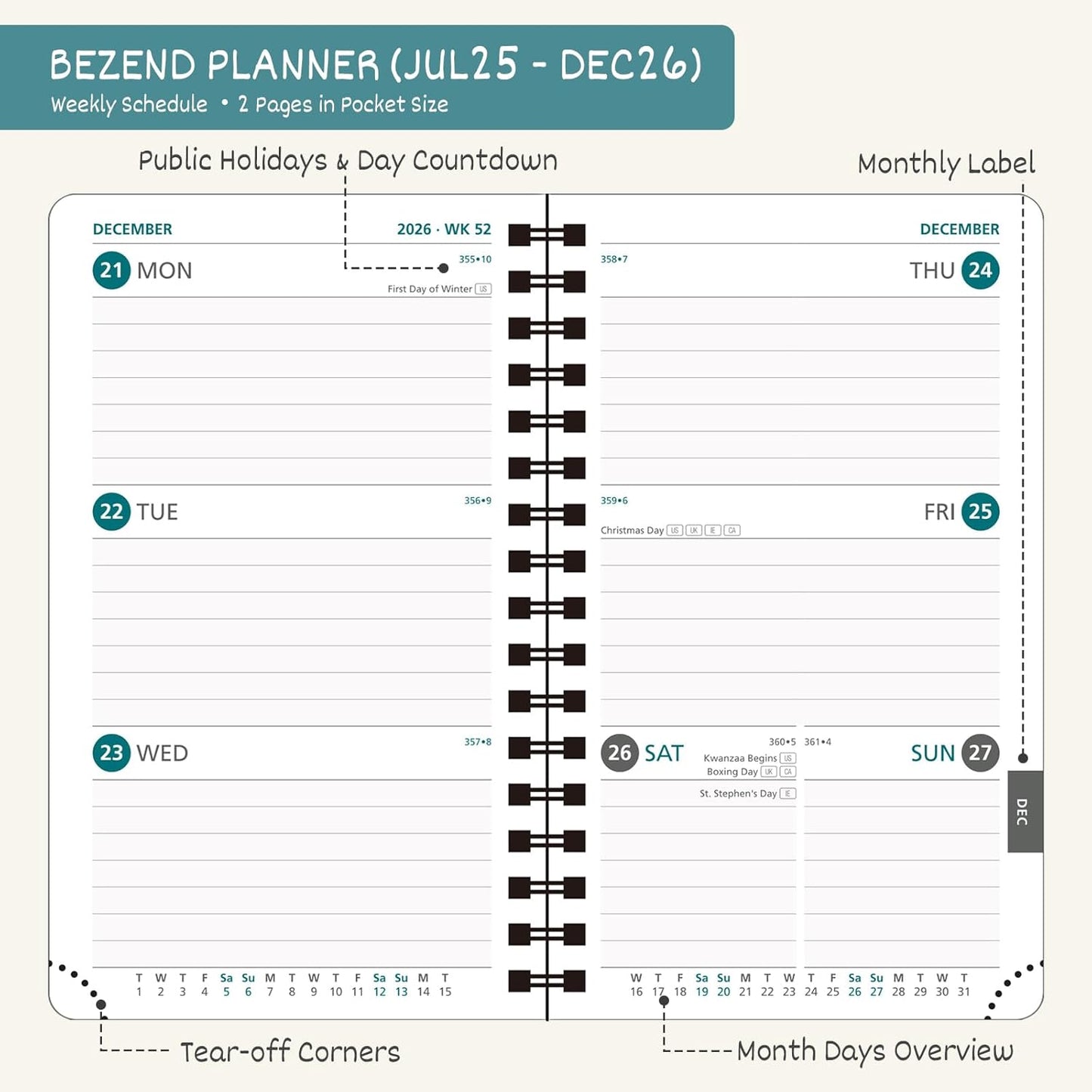 BEZEND Pocket Planner 2025-2026 Weekly and Monthly, 3.5" x 6" Academic Planner (Jul 25-Dec 26) 18-Month Mid-Year Calendar Book, Storage Pocket, Pen Holder, PU Leather Softcover, Spiral - Orange