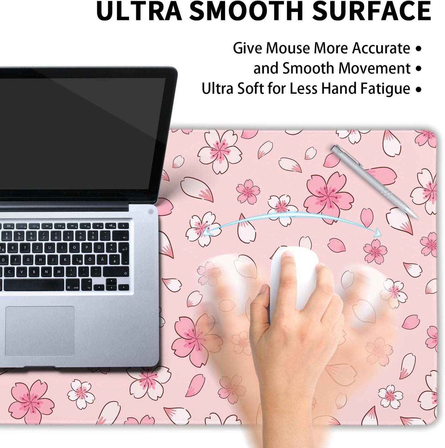 Pink Cherry Blossom Gaming Mouse Pad XL Cute Anime Aesthetics Floral Extended Kawaii Flowers Large Mousepad Non-Slip Rubber Base Stitched Edge Long Keyboard Desk Mat for Computer,31.5×11.8 Inch