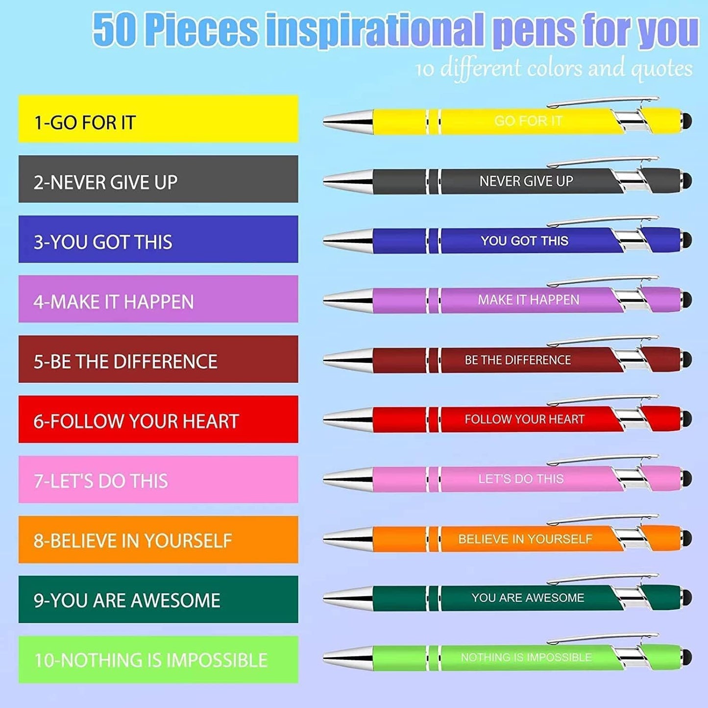 50 Pcs Inspirational Pens - Motivational Ballpoint Pens Bulk with quotes Stylus Tip Gifts for School Coworkers Office Supplies Black Ink