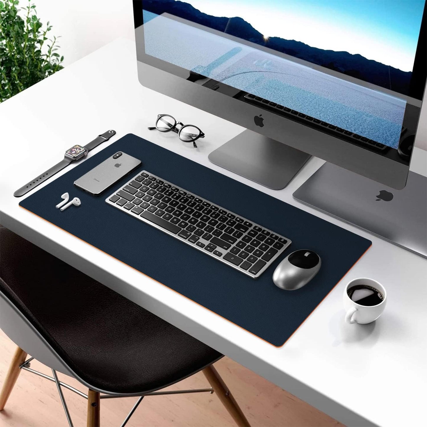 Aothia Double-Sided PU Leather Desk Pad - Non-Slip Large Mouse Pad & Desk Mat for Office, Home - Waterproof, Easy to Clean, Durable Dual-Sided Surface(Dark Blue,36" x 17")