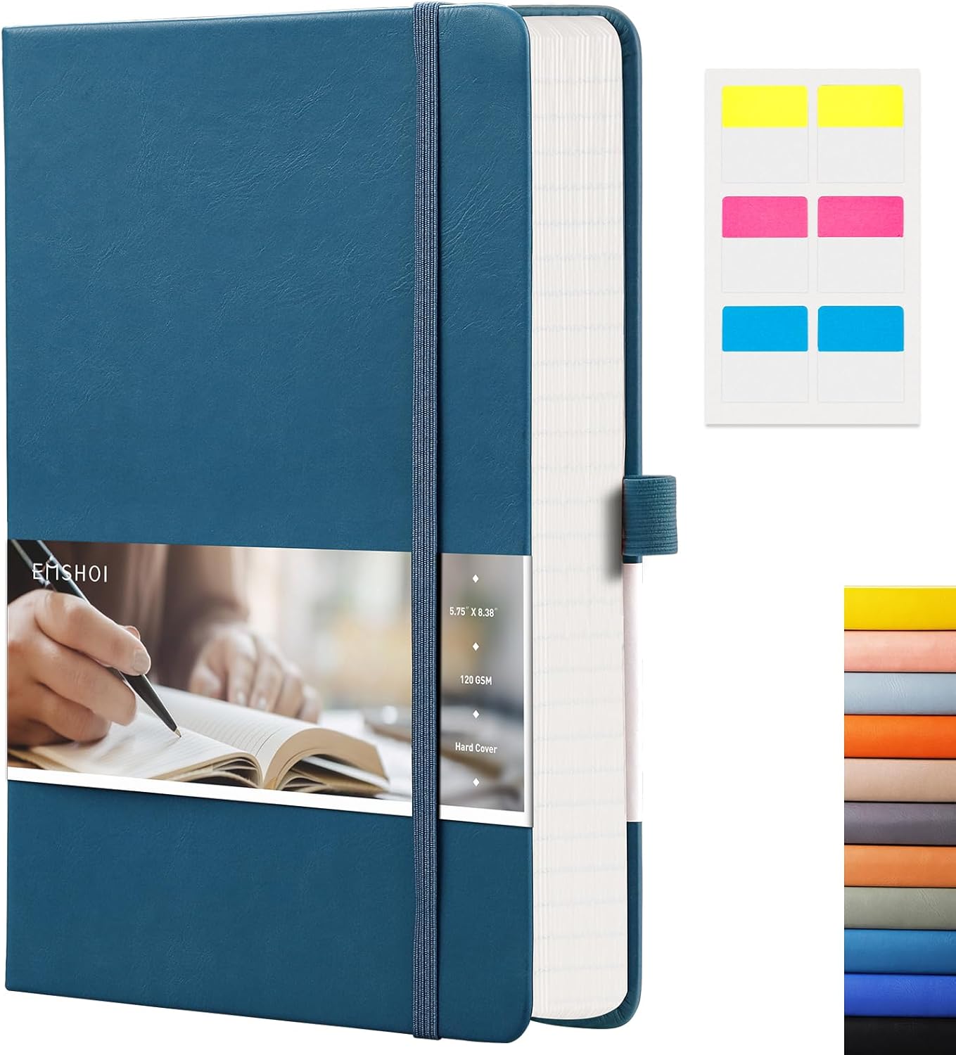 EMSHOI A5 Graph Paper Notebook Journal - 256-Page Hardcover, 120gsm Thick Ink-Proof Paper, PU Leather Cover with Inner Pocket, Portable 5.75"x8.38" Size for Work, Math, Engineering – Light Blue