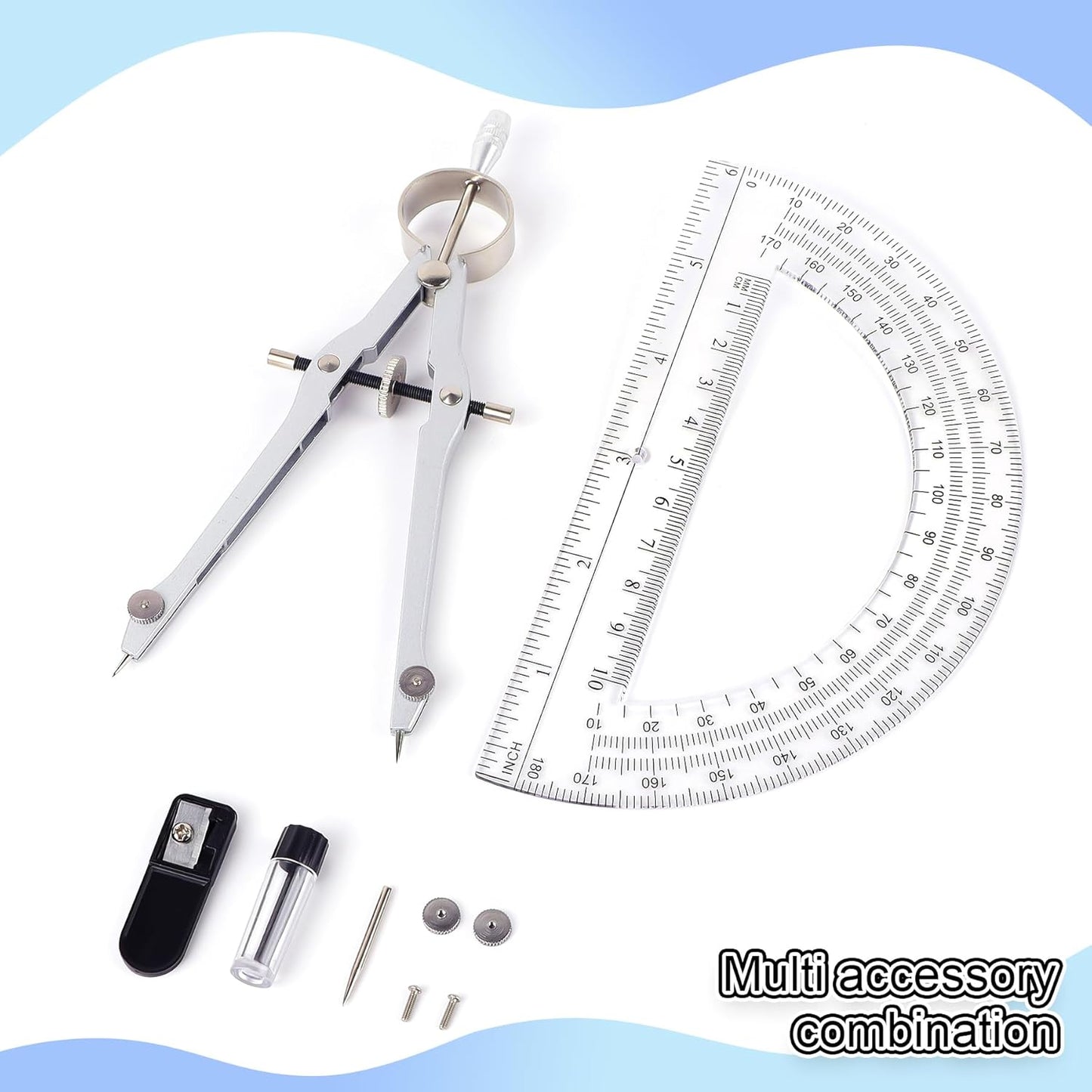 Compass and Protractor Set, Professional Drawing Compass Tool, Metal Compass with Extra Refills, Compass for Geometry and 6 Inch Math Protractors 180 Degree (Silver)