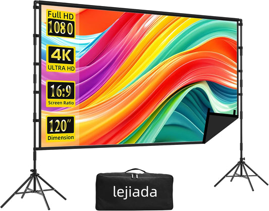 Projector Screen and Stand,120 inch lejiada Black Projection Screen with Stand Portable Foldable Movie Screen with Carry Bag for Indoor Outdoor Home Theater Backyard Cinema