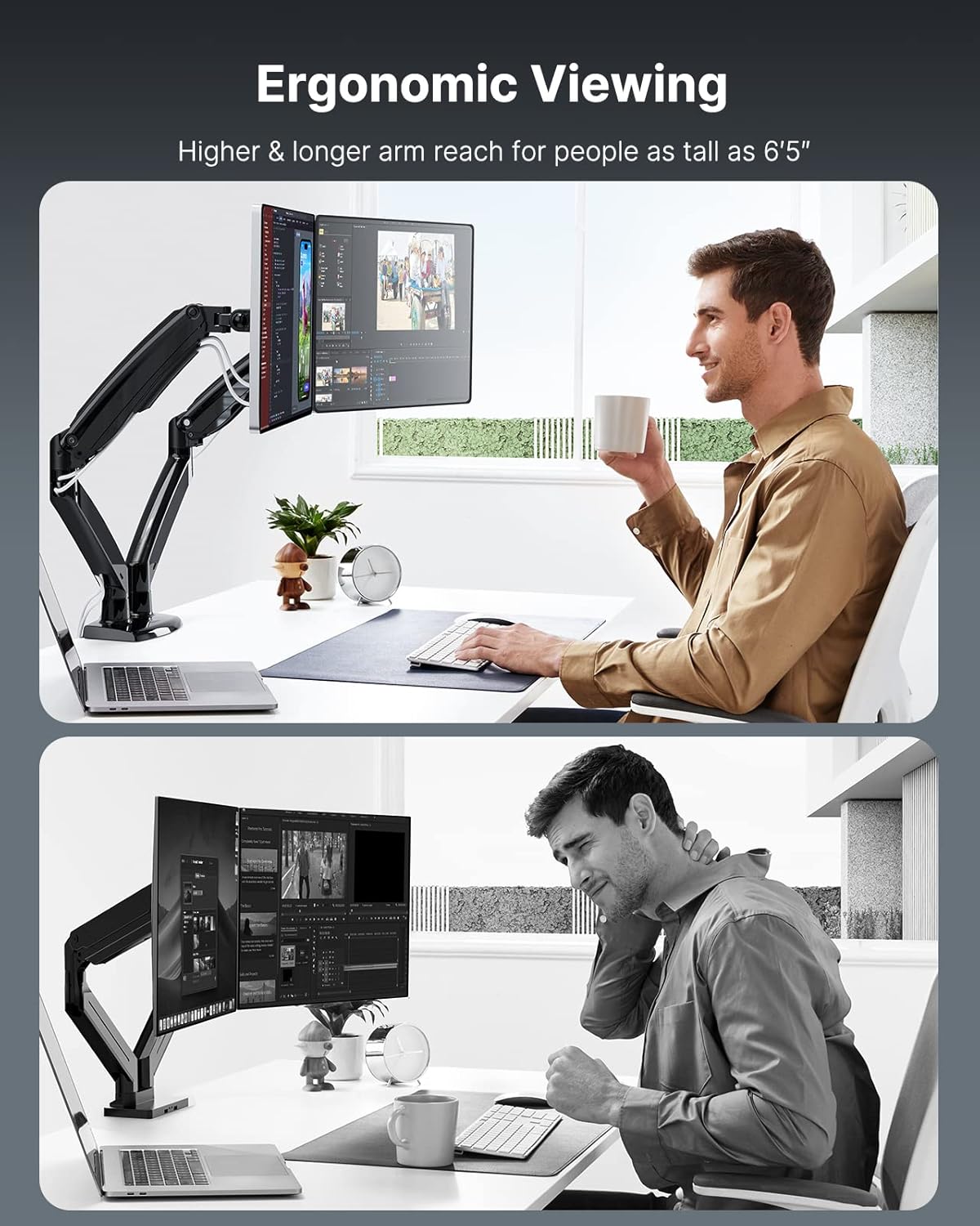 HUANUO Dual Monitor Stand for 13 to 40 inch, Premium Dual Monitor Mount with USB, Height Adjustable Monitor Stand for 2 Monitors, VESA Mount with Clamp/Grommet Base, Each Arm Hold up to 26.4lbs, HNDS7