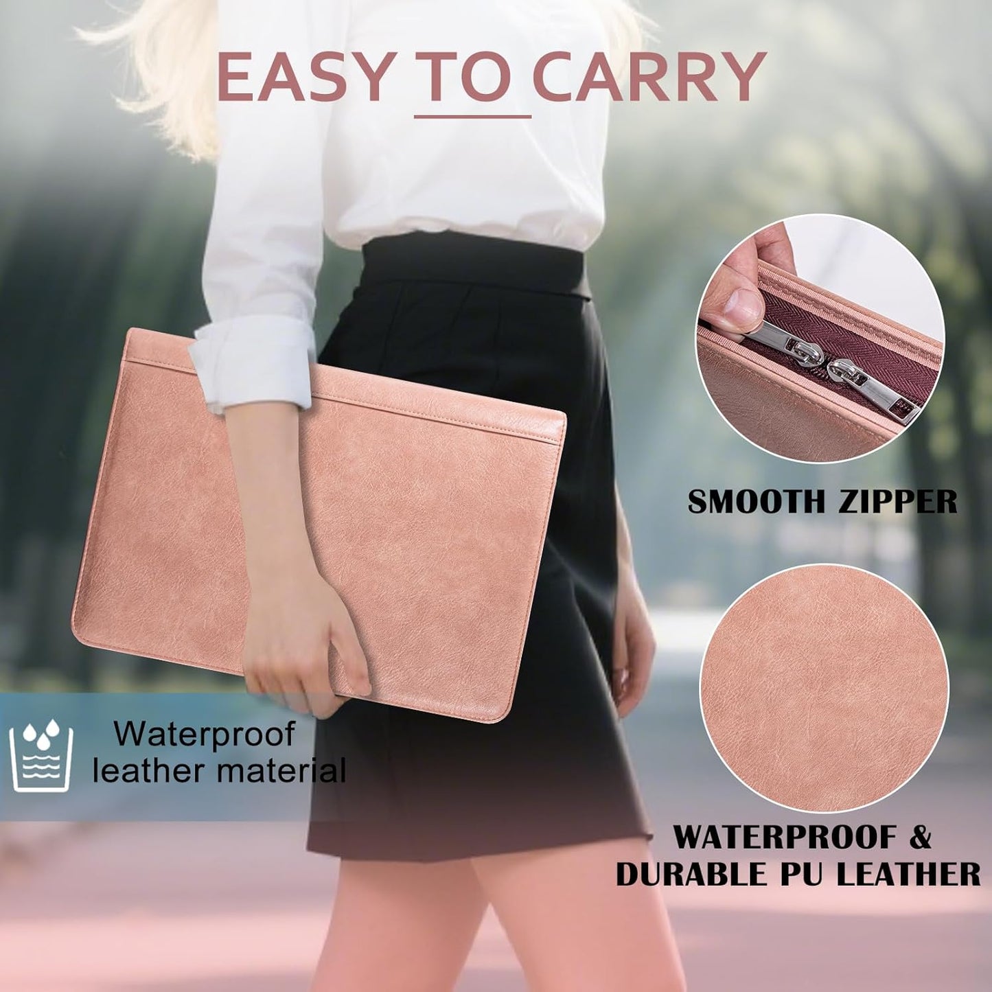 Calfinder Pink Portfolio Binder,3 Ring Binder with Zipper,PU Leather Padfolio with Zipper for Women, Professional Business Portfolio Organizer for Resume/Interview, A4 Letter Document Organizer
