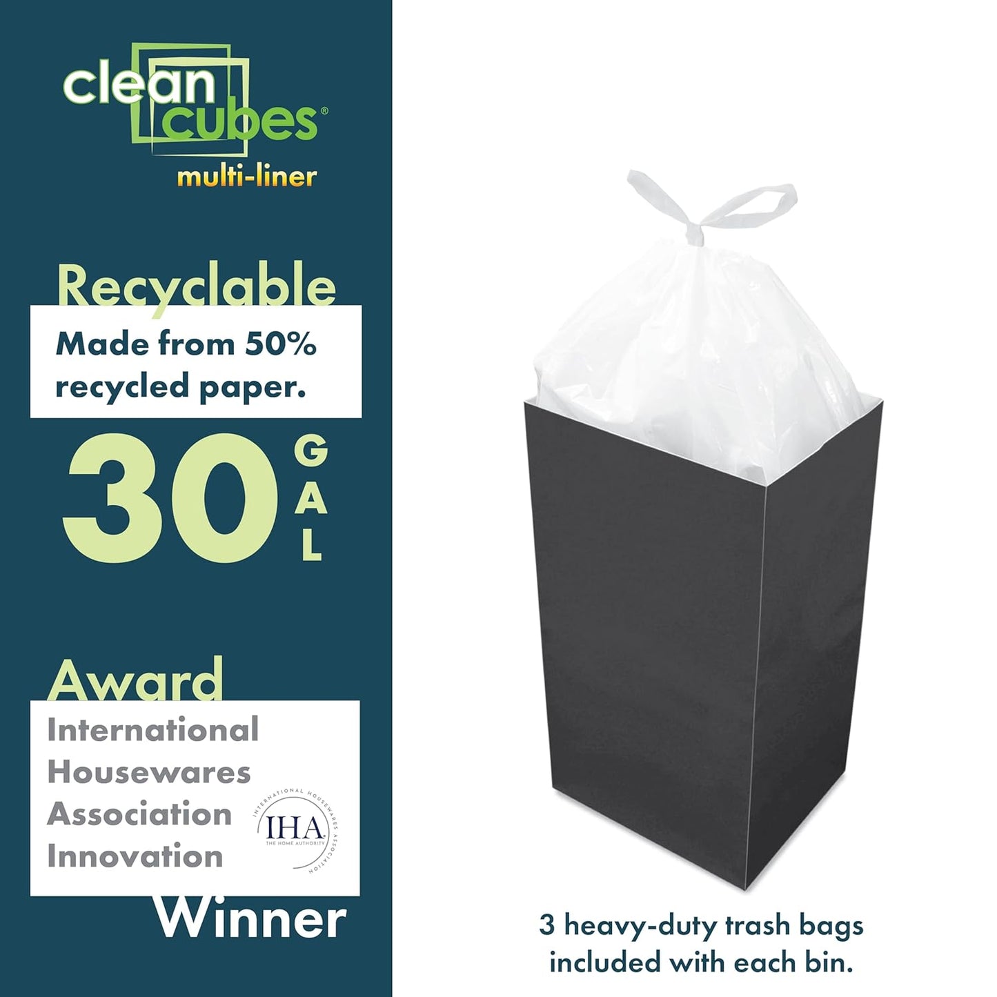 | 30 Gallon Multi-Liner Disposable Trash Cans (3-Pack) - Reusable Garbage and Recycling Bins for Parties, Events, and More (Black)