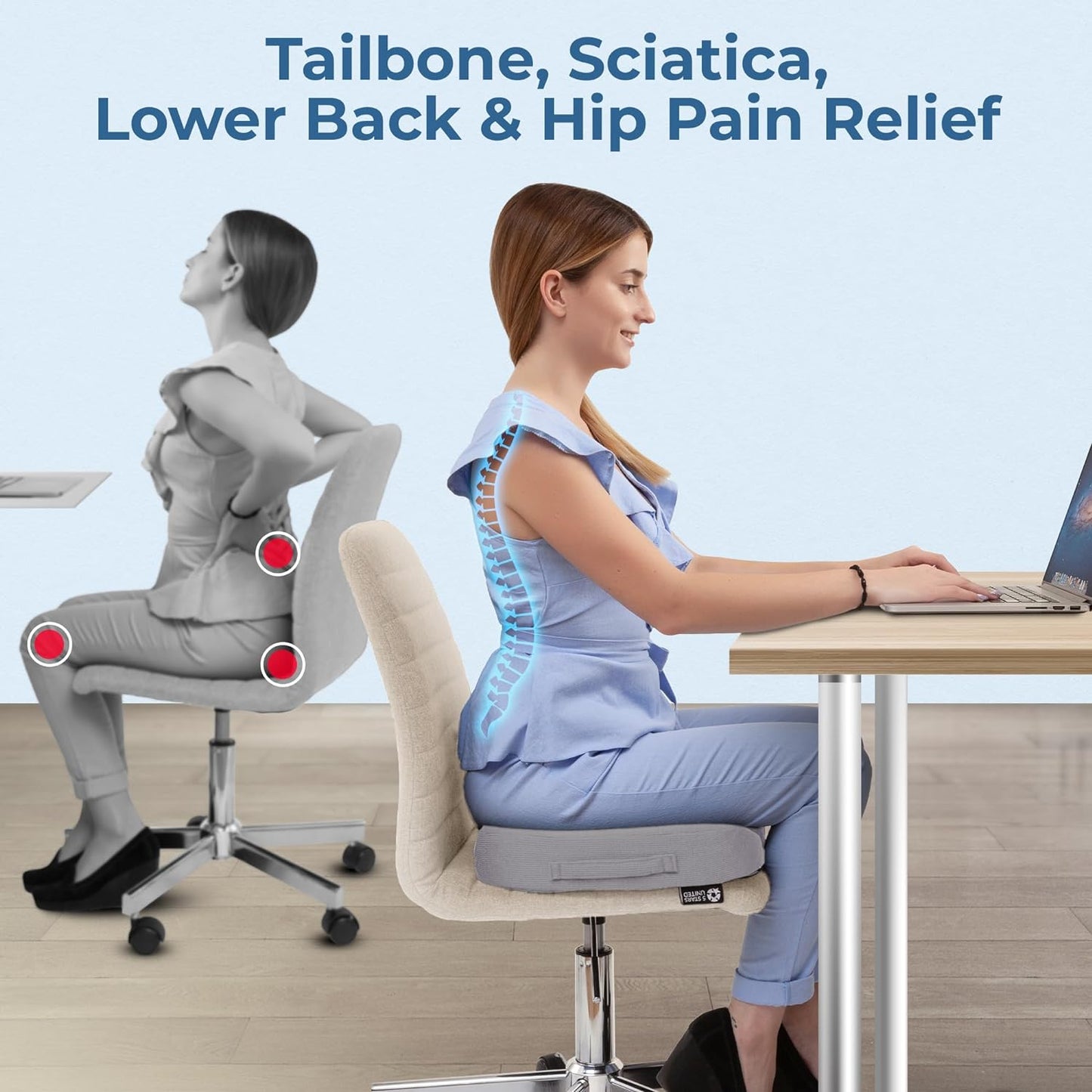 5 STARS UNITED Seat Cushion for Tailbone Pain Relief – Large Memory Foam Lifting Pillow for Coccyx, Hip, Sciatica & Post-Surgery Recovery – Wheelchair, Car, Desk, Gaming & Office Chairs, Light Gray