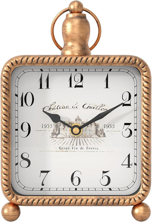 Vintage Gold Table Clock on Stand, Desk and Shelf Decor Clock, French Rustic Style Non-Ticking Mantel Clocks for Farmhouse, Living Room, Bedroom, Bedside, Gift (8.5" H x 5.5" W)