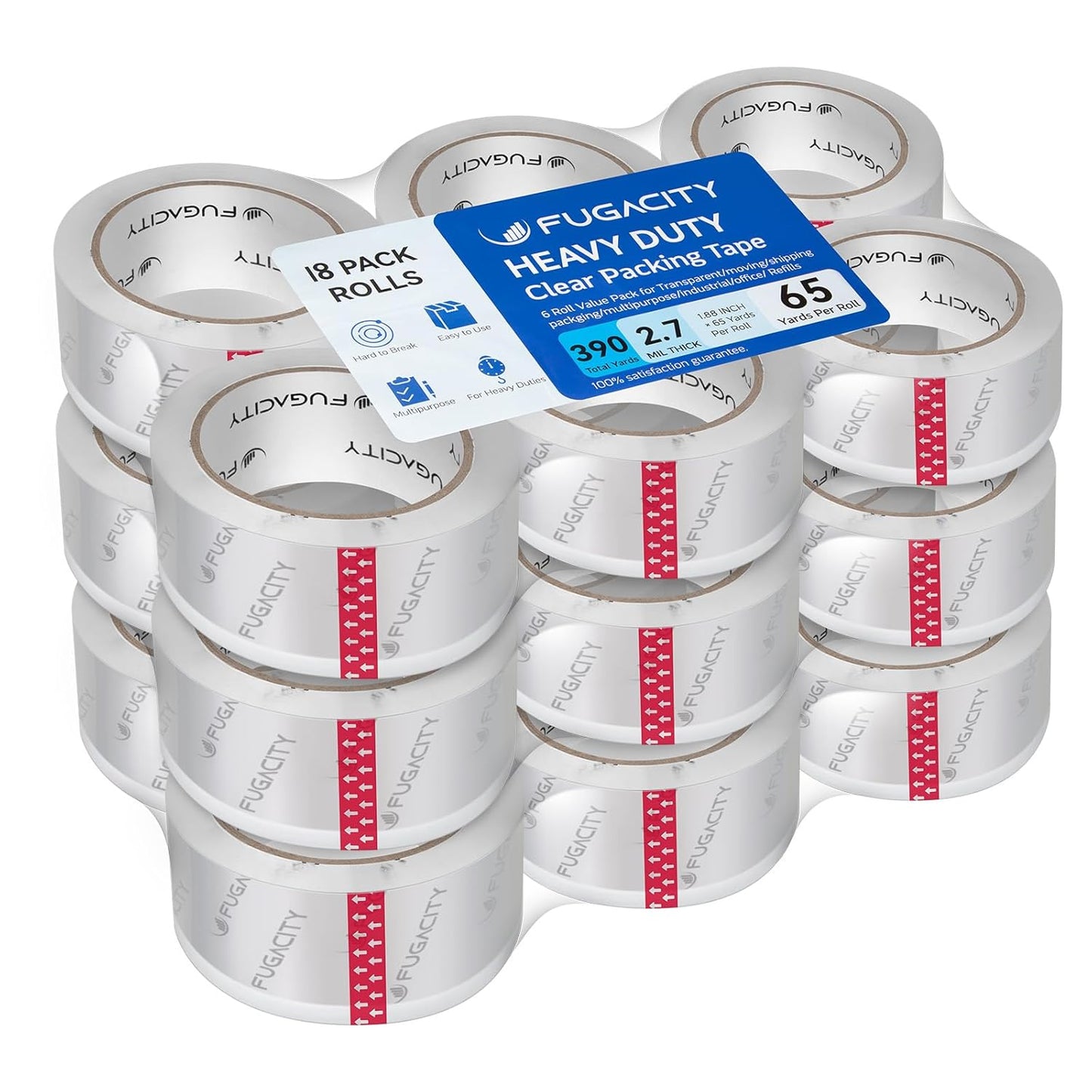 FugaCity Heavy Duty Clear Packing Tape Refills (18 Rolls), Packaging Tape for Moving Sealing, Moving Supplies Shipping Tape,2.7 Mil Thick, 1.88 in Wide,65 Yards Per Roll,Total 1170 Yards