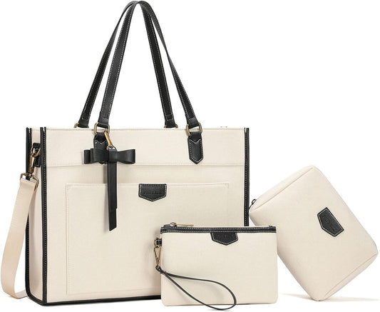 Keyli 3pcs Laptop Bag for Women,15.6 Inch Canvas Tote Bag Work Bags Large Business Computer Briefcase Shoulder Handbag Purse