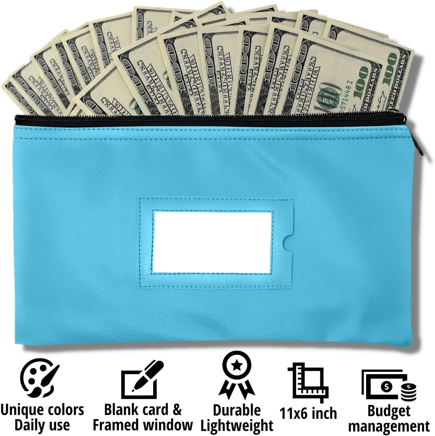Money Bank Deposit Bag with Zipper | 11x6 inch | Light Blue | Durable Leatherette Money Cash Coin Check Wallet Pouch for Men & Women with Framed ID Window and Blank Card | by GIDABRAND (7)