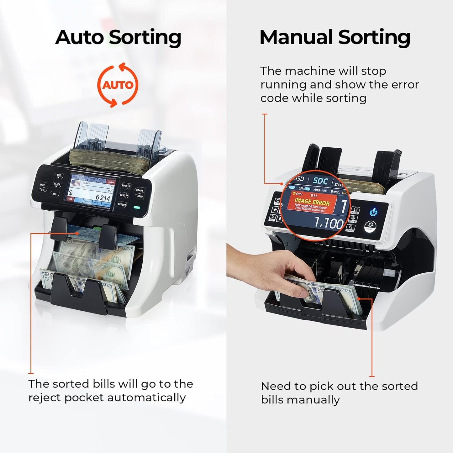 MUNBYN IMC40 2-Pocket Money Counter Machine Mixed Denomination and Sorter, Built-in Printer, Sort on DENOM/FACE/ORI, Value Counting, Counterfeit Detection 2 CIS/UV/MG/IR, Touch Screen, 2Y Protection