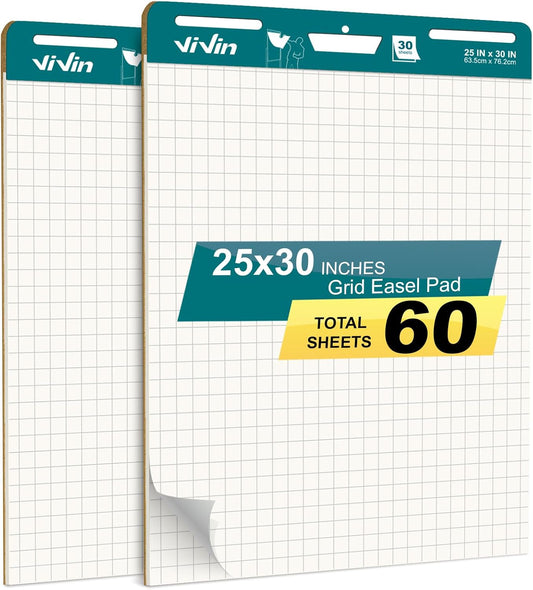 ViVin Grid Sticky Easel Pad, 25 x 30 Inches Flip Chart Paper for Teachers and Students, Large Self Stick Easel Paper for School & Office, 30 Sheets/Pad, 2 Pads/Pack