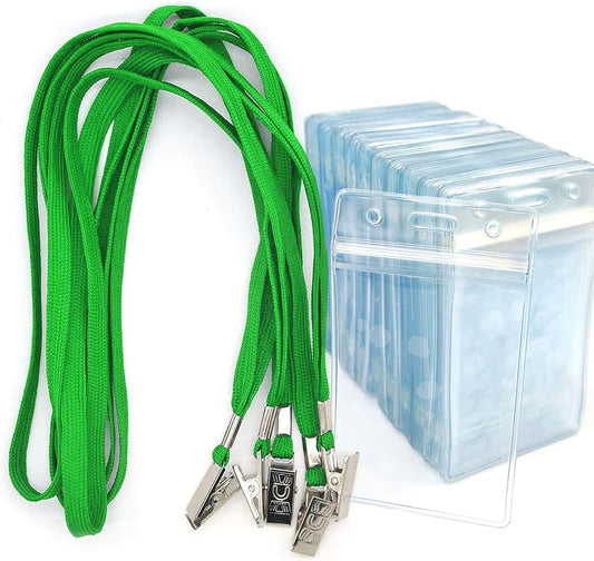 Bird Fiy Lanyards with Id Holder Badges Name Tags 50 Pack Lanyards with Bulldog Clip and 50 Pack Waterproof Clear Plastic Vertical Name Tag Badge ID Card Holders (Green)