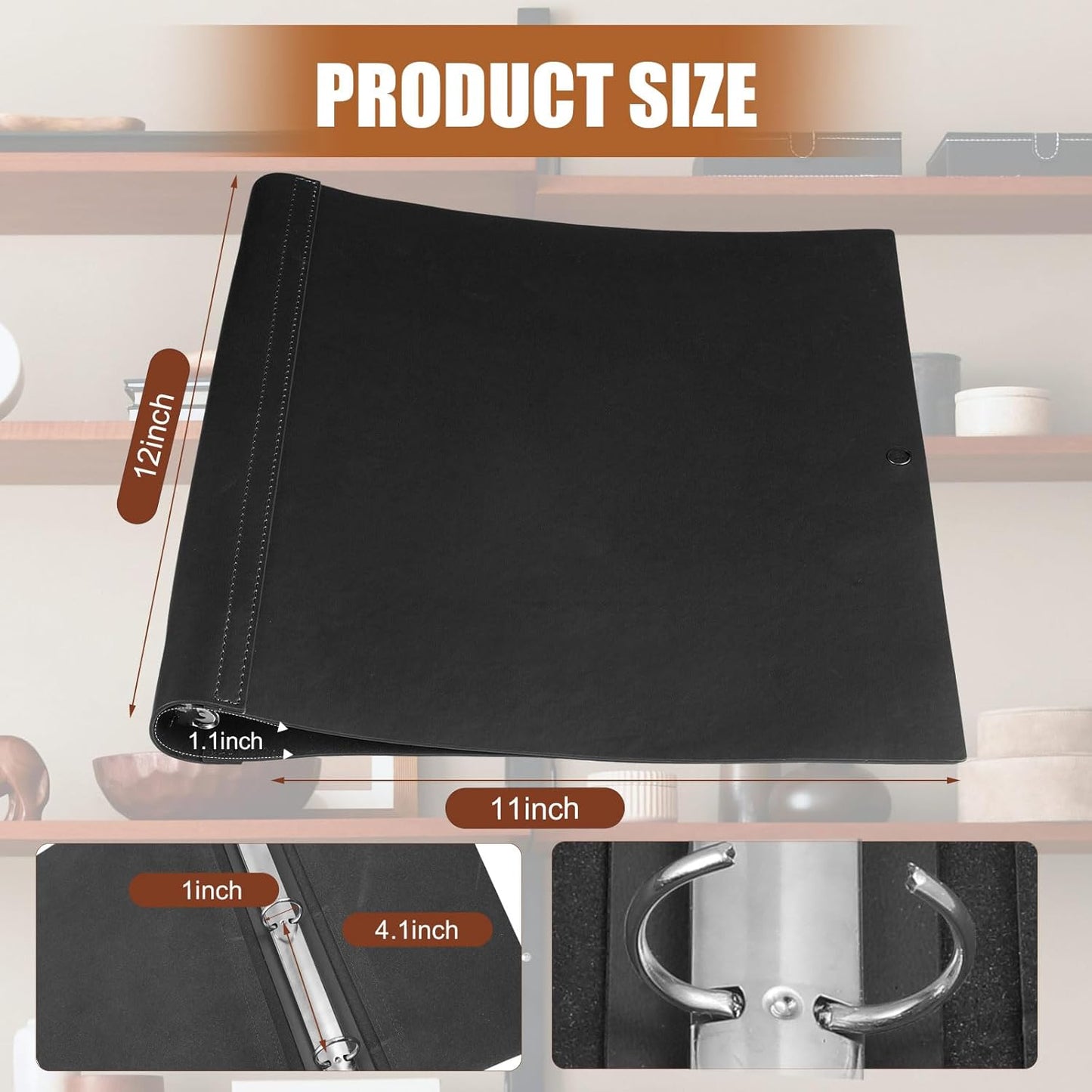 Leather 3 Ring Binder Holds 8.5 x 11 Inch Paper Binder Organizer Vintage Faux Leather Portfolio Folder Planner for Office Home Document Photo Diary Supplies(Black)
