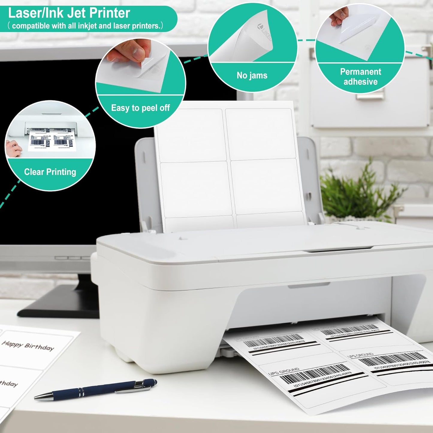 L LIKED 3-1/3" x 4" Printable White Sticker Labels, 300 Labels for Laser/Inkjet Printing - Matte (300 Labels, 50 Sheets)