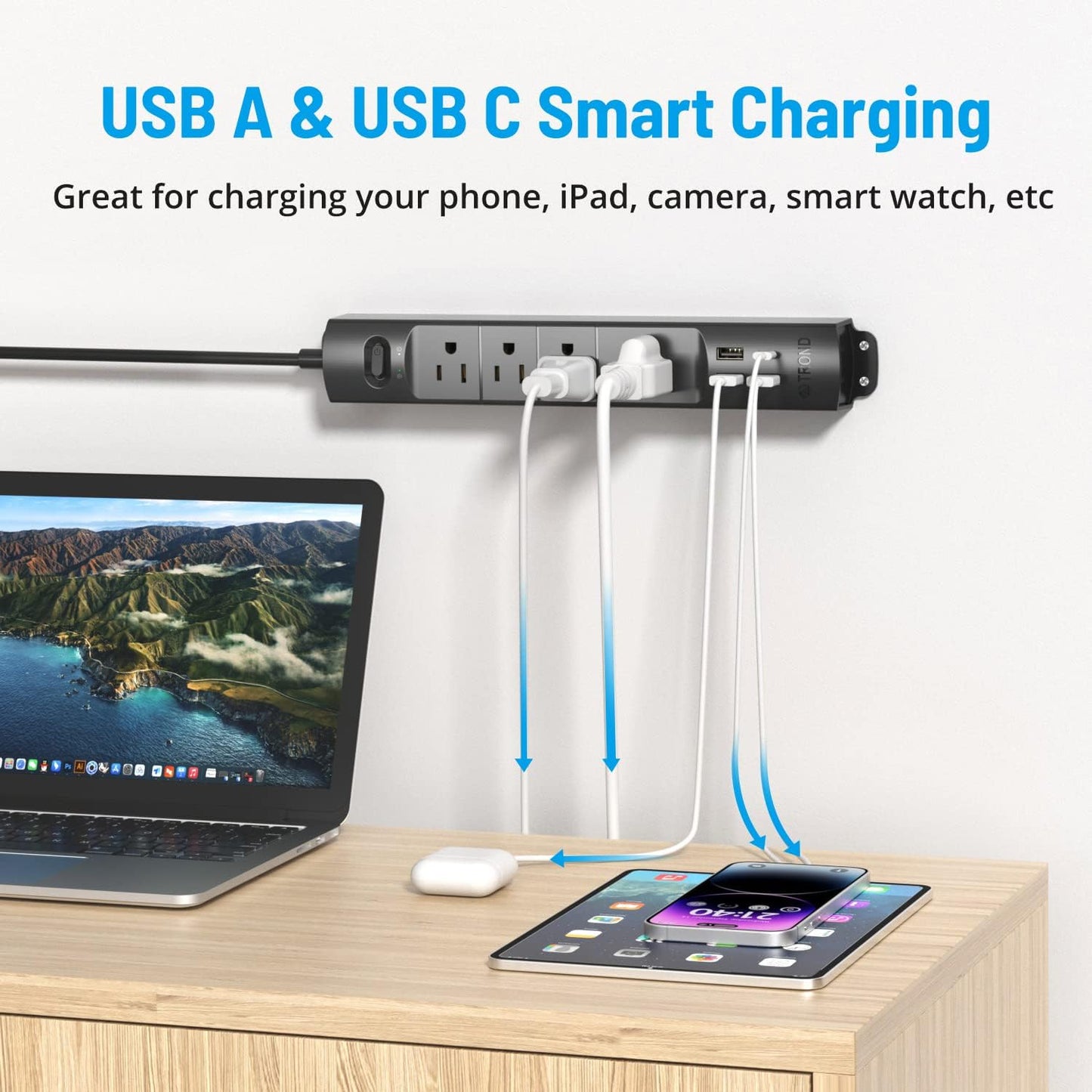 TROND Surge Protector Power Strip with USB, Ultra Thin Flat Plug 15ft Long Extension Cord 1625W, 3 USB A & 1 Type C, 4 AC Outlets 1440J Surge Protection Wall Mount for Home Office Dorm Room, Black