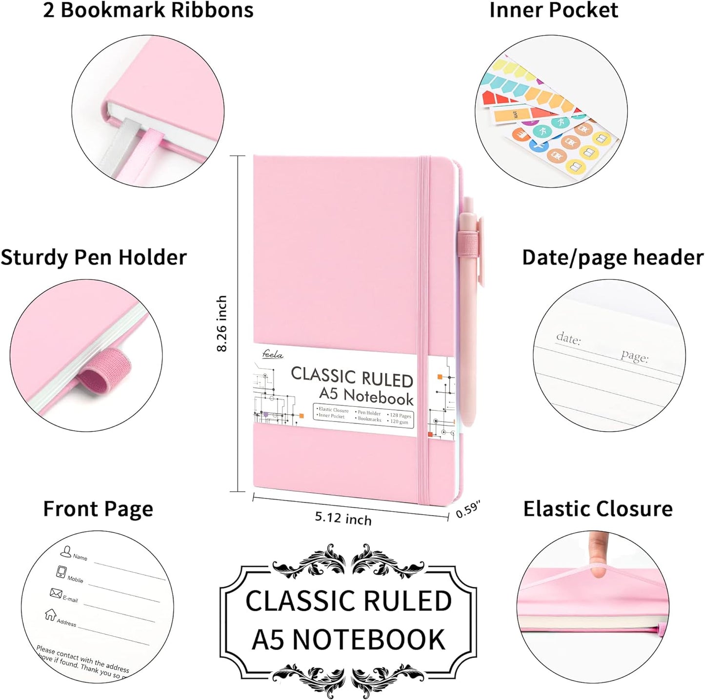 feela 5 Pack Notebooks Journals Bulk, Hardcover Notebook Classic Ruled Lined Journals with Pen Holder for Women Girls School Business Supplies, with 5 Black Pens, 120 GSM, 5.1”x8.3”, A5, Rose Pink
